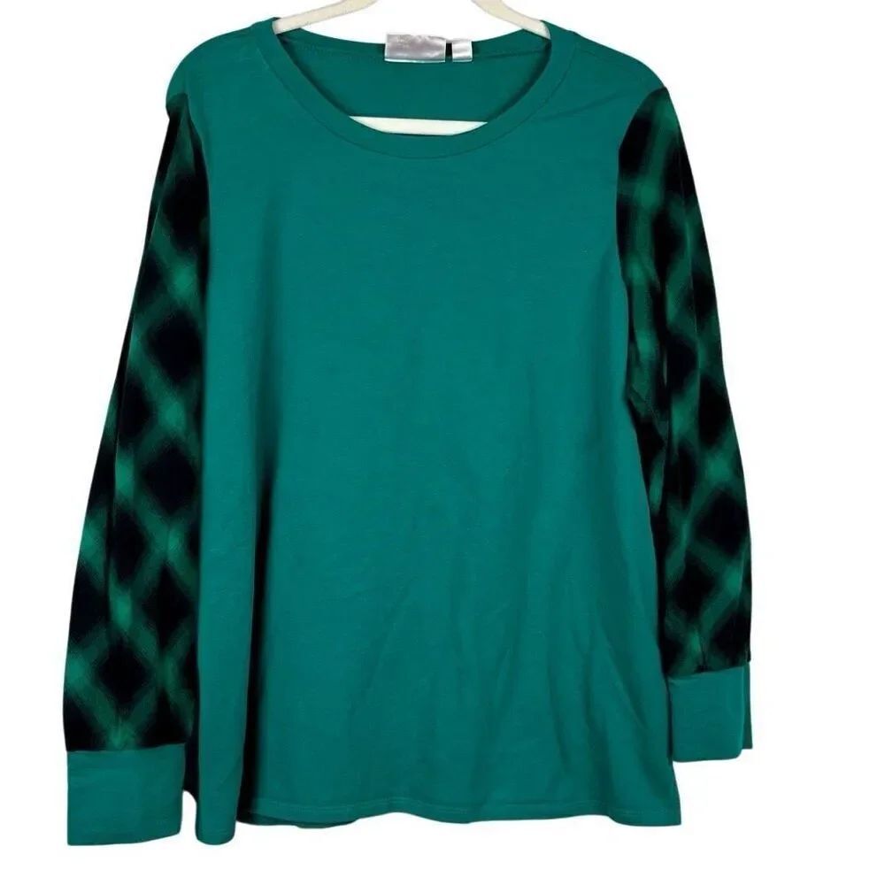 Belle Kim Gravel French Terry Sweatshirt with Plaid Flannel Sleeves Large